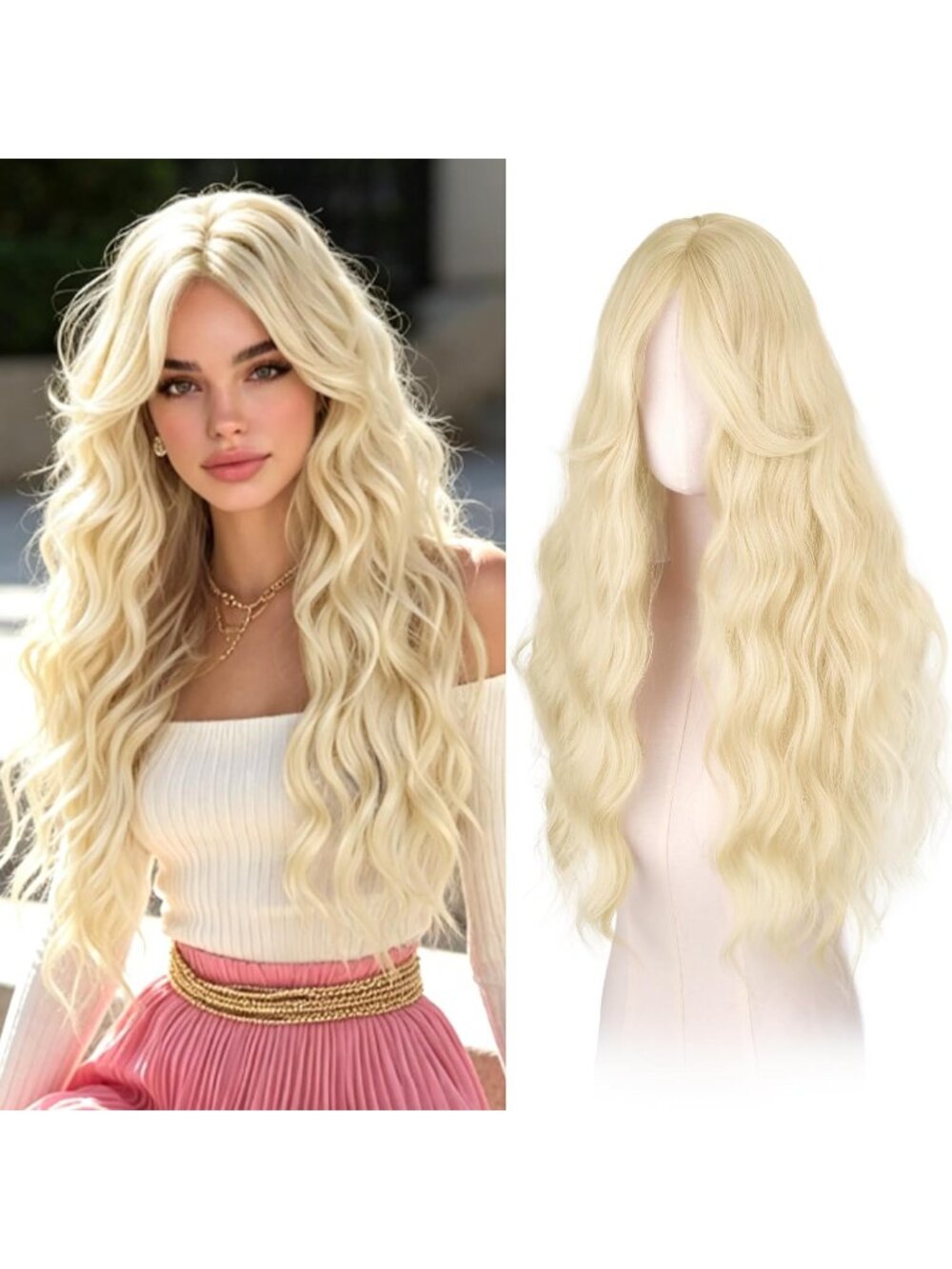 Women's Light Blonde 26 Inch Heat Resistant Curtain Bangs Long Wavy Wigs
